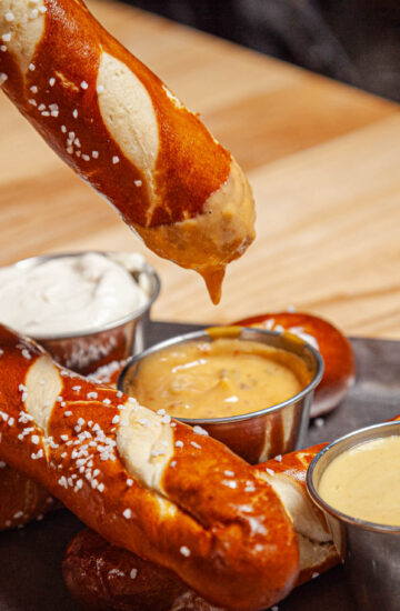 Fresh baked bavarian pretzels - Beer queso, honey mustard and hefeweizen whipped cream cheese