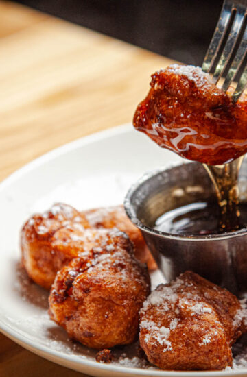 Chicken and Waffle Bites - Waffle battered chicken breast, maple syrup, powdered sugar