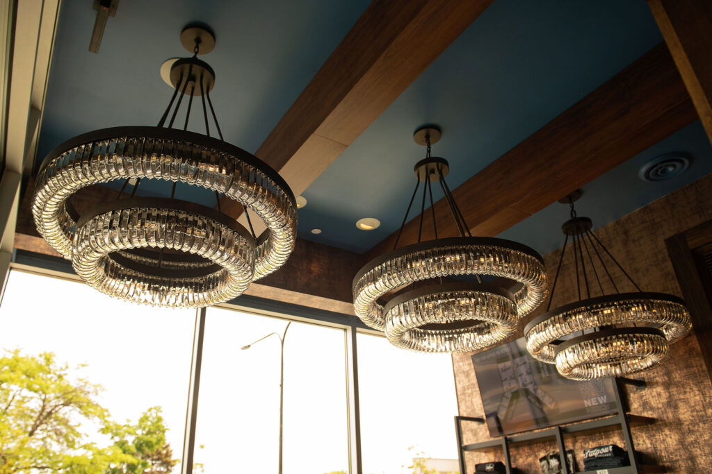 Chandeliers in private dining room at Fatpour Lincolnwood