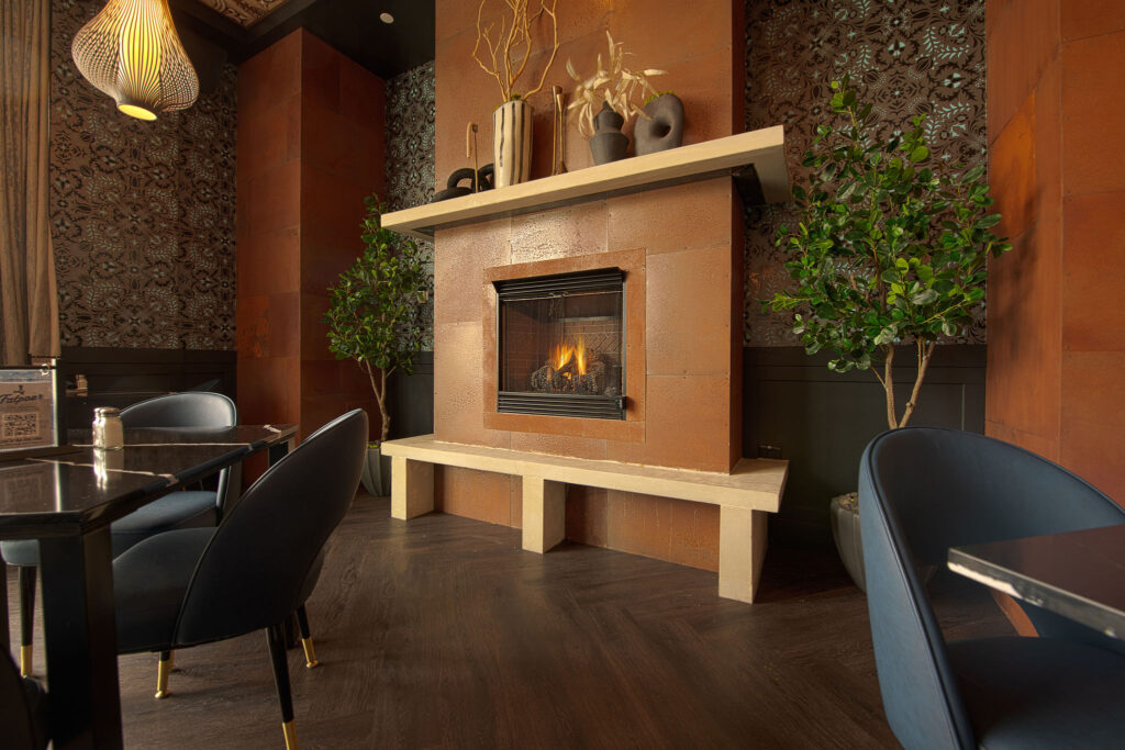 Private dining room fireplace at Fatpour Lincolnwood