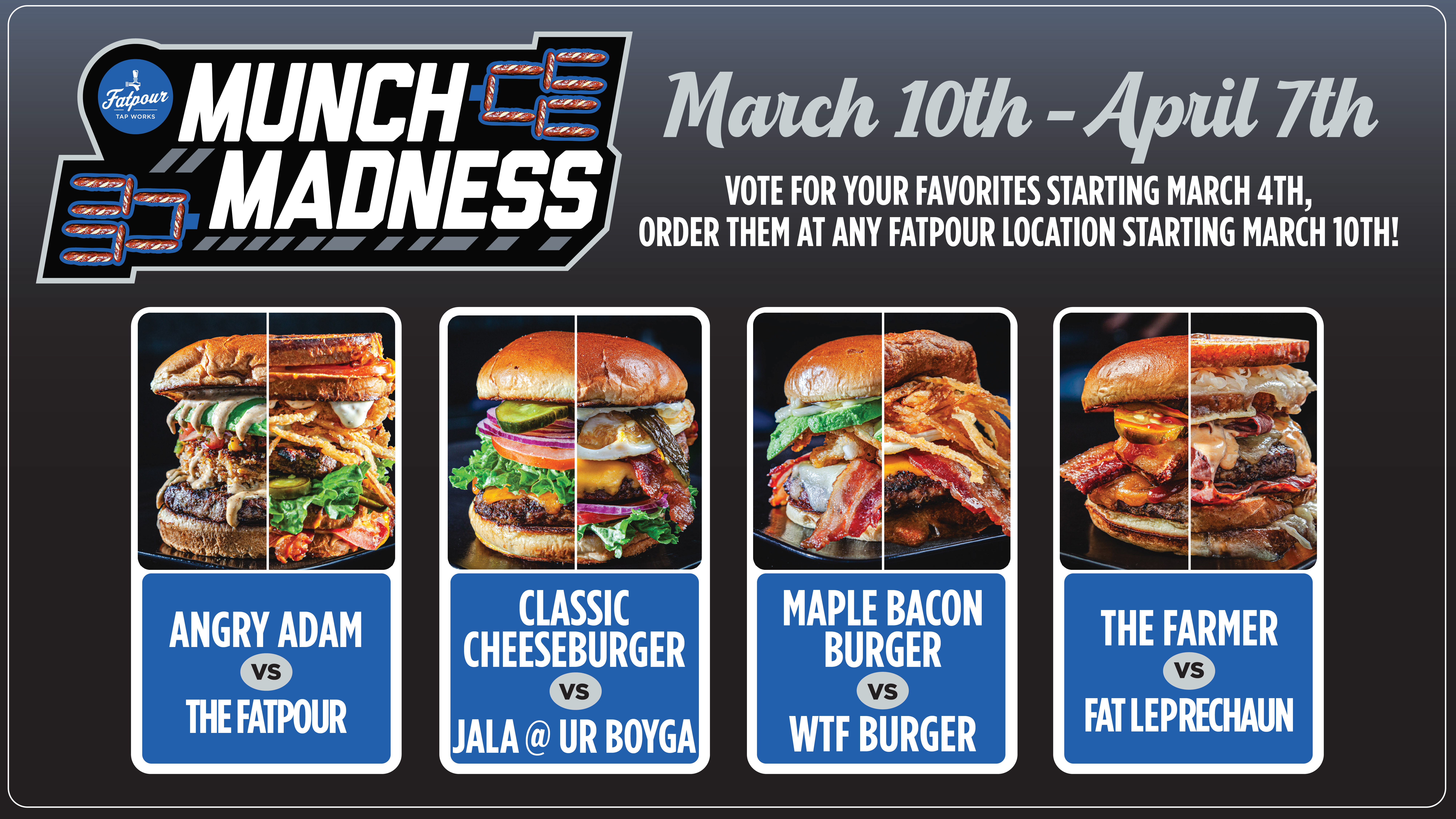 Munch Madness - 8 Burgers for a limited time at all Fatpour Tap Works locations.