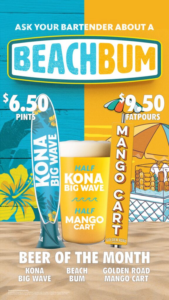 July Beer of the Month at Fatpour Lincolnwood, Wicker Park, and McCormick: Beach Bum (Kona Big Wave + Golden Road Mango Cart)