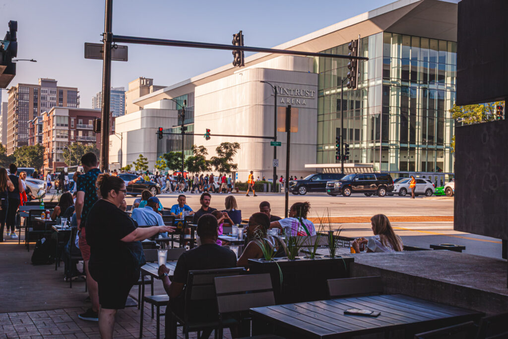 Outdoor patio dining near Wintrust Arena at Fatpour McCormick