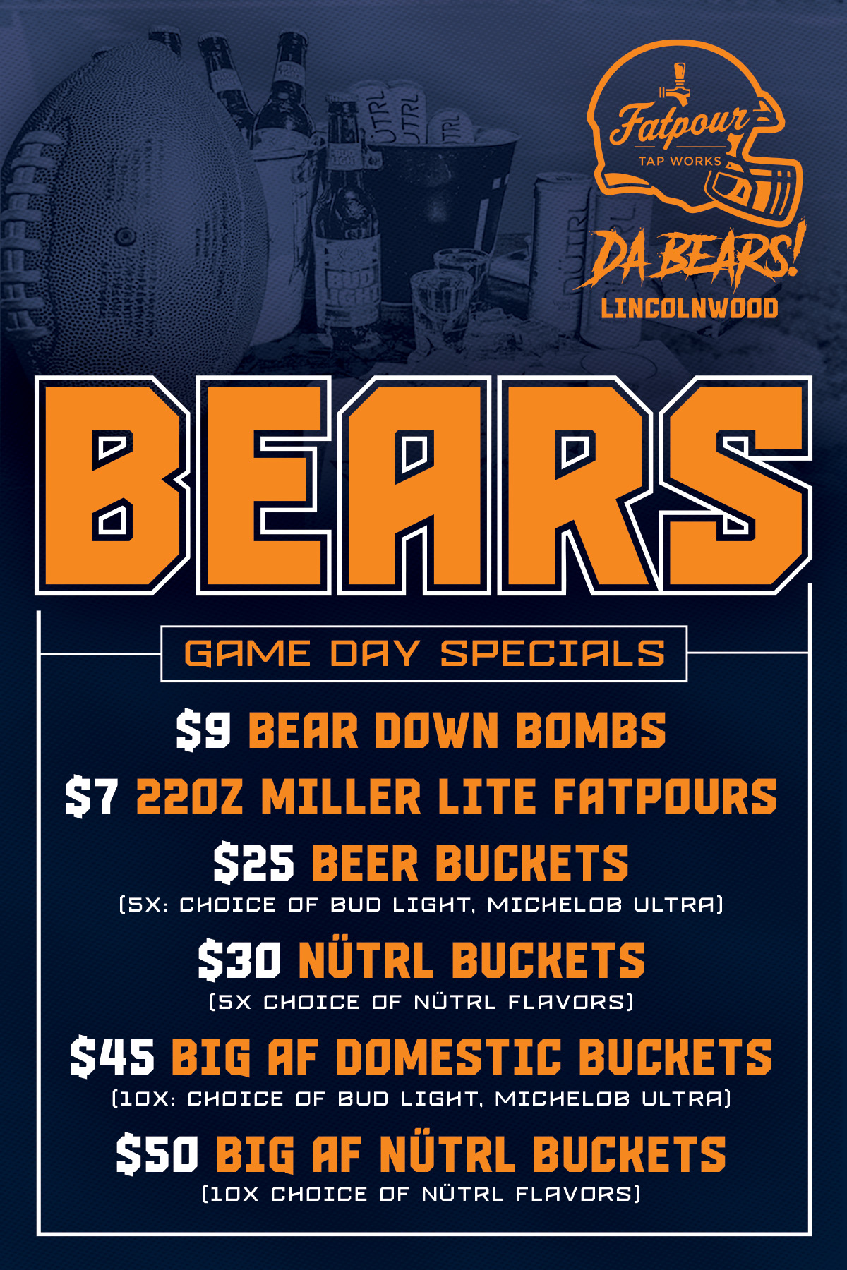Game Day Specials 2 Fatpour Lincolnwood NFL Sunday + Bears Game Day Drink Specials