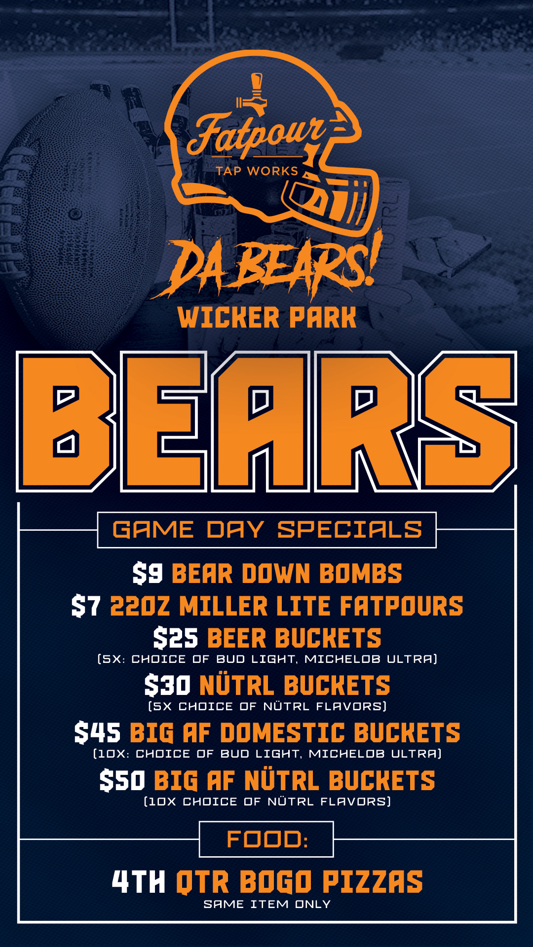 Fatpour Wicker Park Game Day Specials for Bears & NFL Football