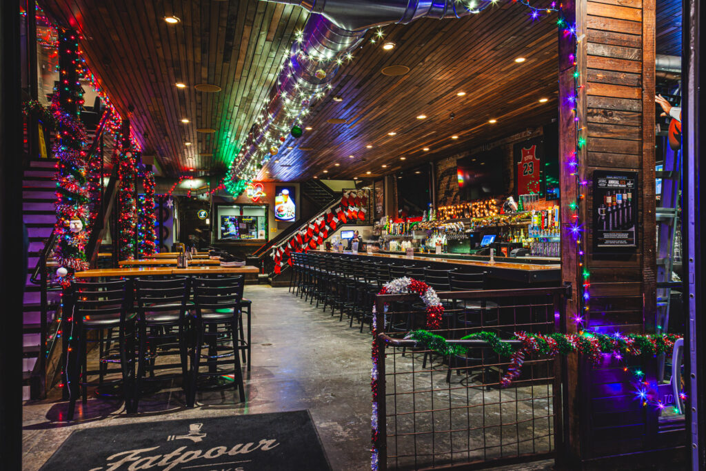 The ultimate Chicago sports bar with holiday decor at Fatpour Wicker Park in the main bar area