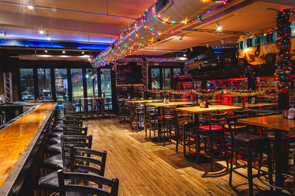 Second Floor bar at Fatpour Wicker Park decorated for the holidays.