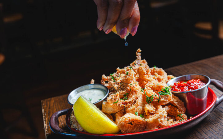 Fried Calamari with marinara sauce, lemon garlic aoli