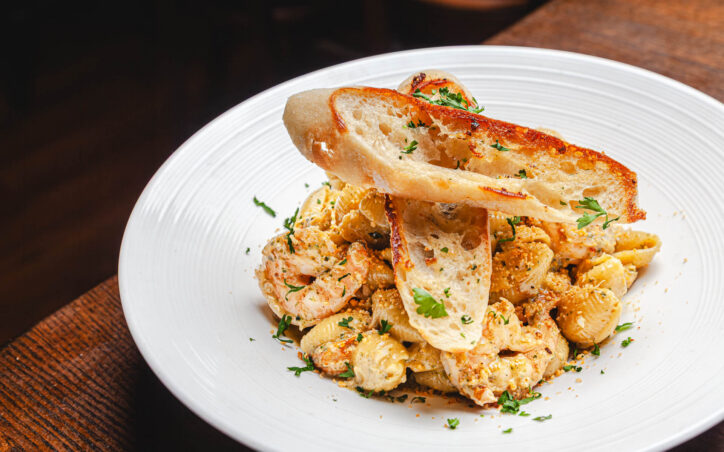 Seafood and Pesto Pasta with shrimp, crab, and shells