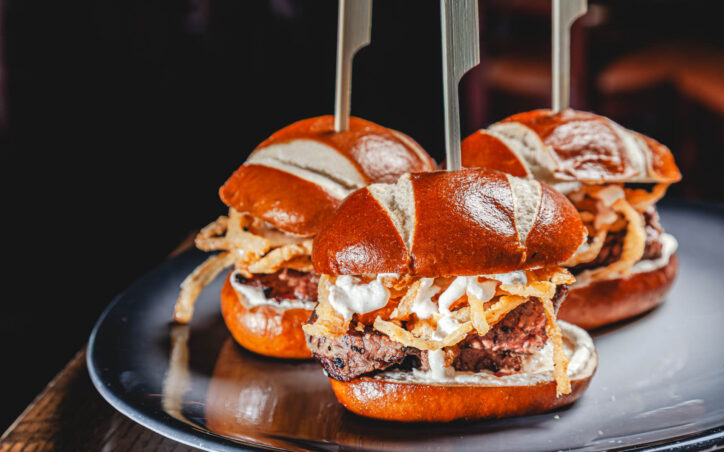 Tenderloin Sliders on pretzel rolls at Fatpour McCormick